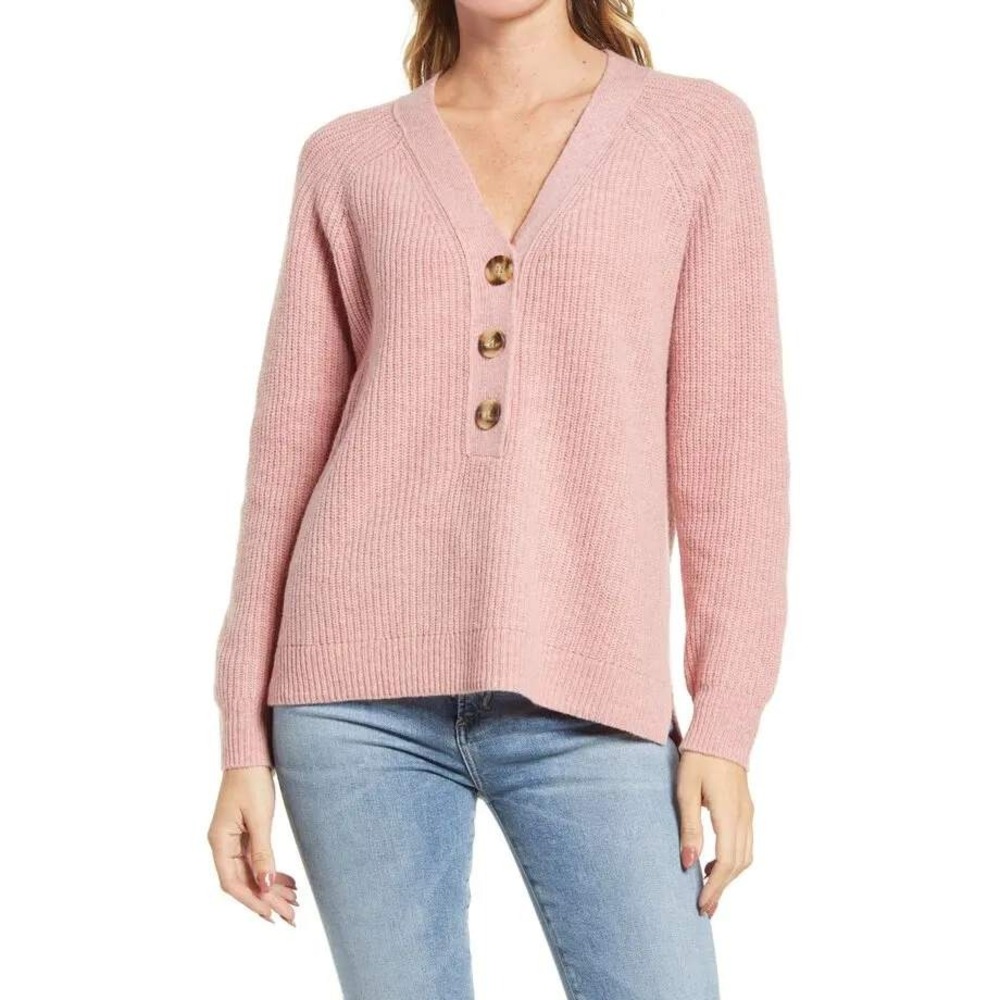 Madewell Lyle Rib Henley Sweater Pink Merino Wool‎ MA741 Womens Medium